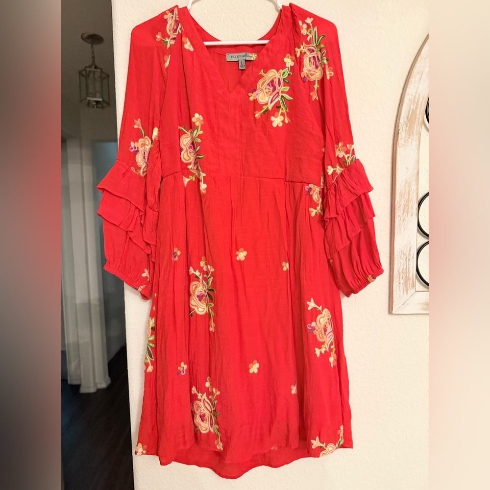 Figueroa & Flower Women's Floral Embroidered Boho Red Long Sleeve Dress size L